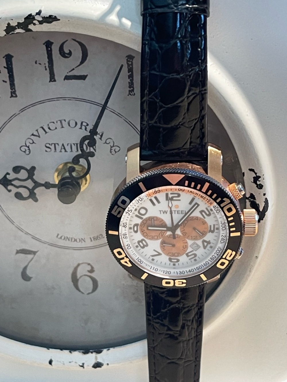 TW Steel Rose Gold Tone Case Back Watch with Black Strap